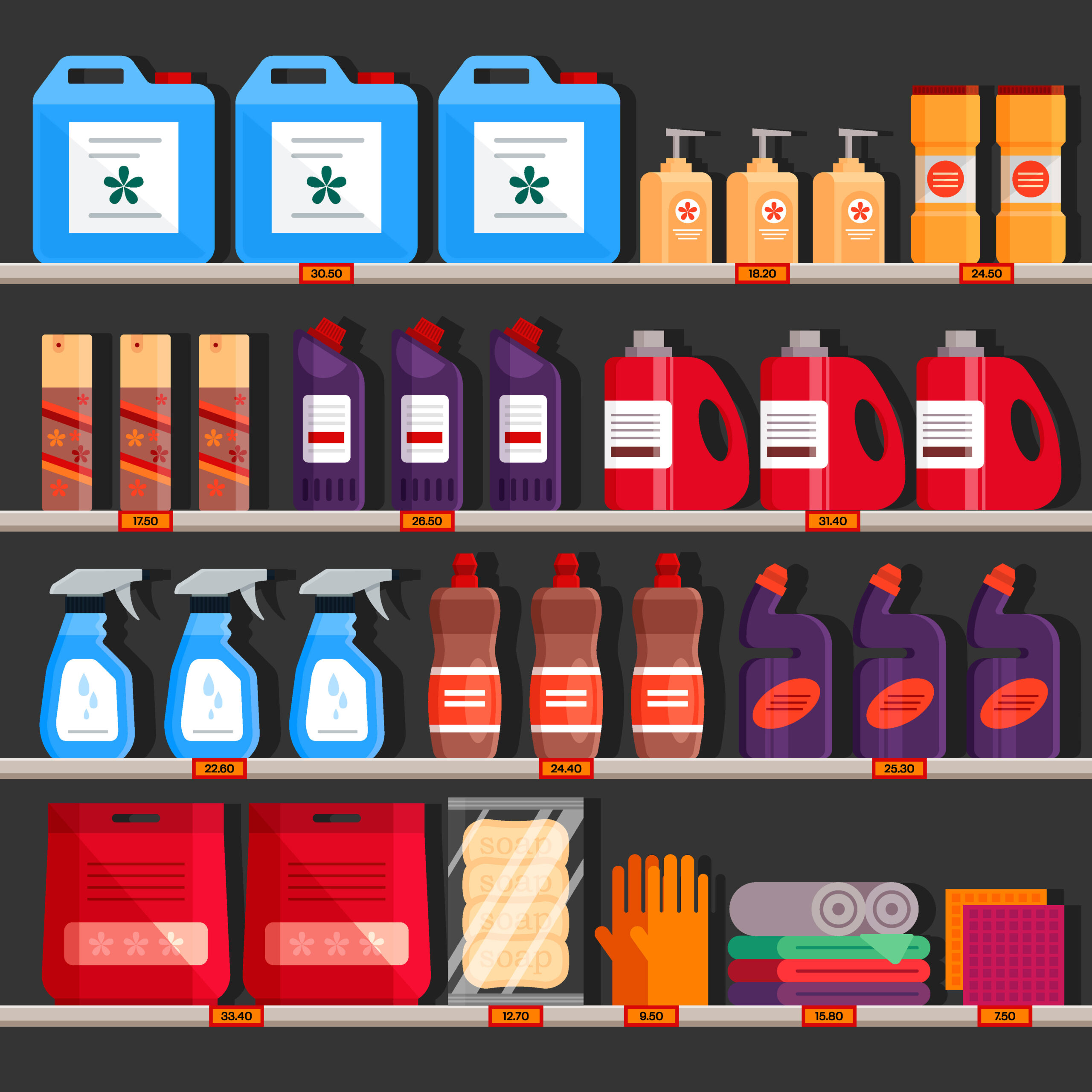 Schematische Darstellung von verschiedenen Gefahrstoff-Produkten in Verkaufsregal.