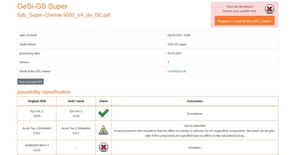 Test report on a safety data sheet with warning of deviations and a plausibility check table with symbols for compliance, possible and actual deviation.