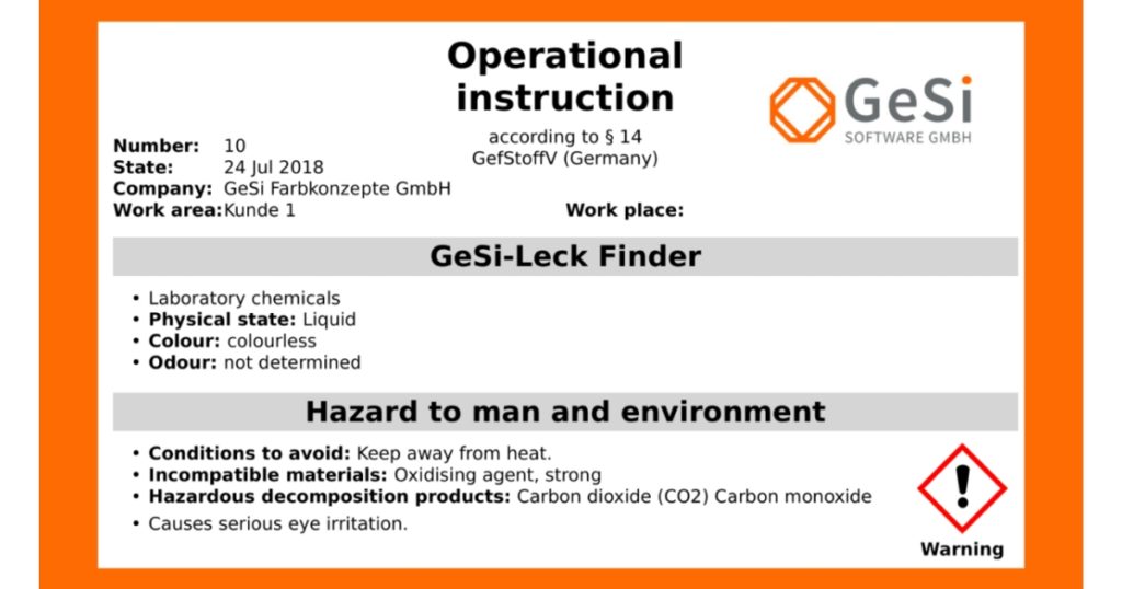 Operating instructions for the “GeSi-Leck Finder” with information on condition, physical properties and hazard warnings; does not contain a signature line - raises the question of whether operating instructions must be signed.