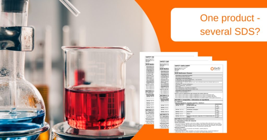 The picture shows laboratory containers with chemicals and three SDS documents - next to the question “One product - several SDS?” against an orange background.