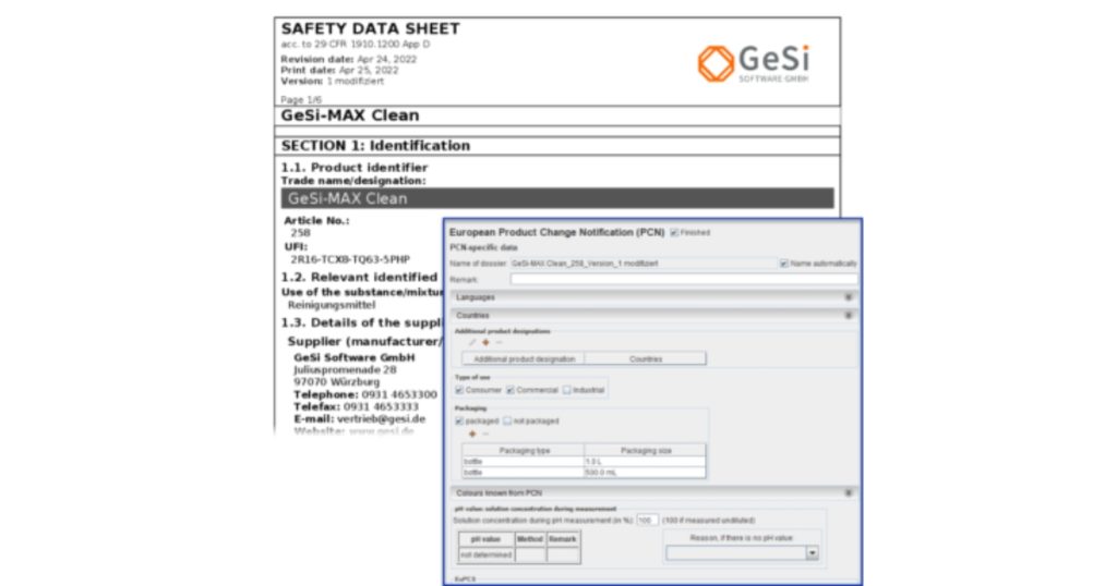 Safety data sheet for “GeSi-MAX Clean” with PCN mask in the foreground. The illustration shows information on product identification, intended use and manufacturer details as well as the input mask for the PCN notification with fields for product type, packaging, countries and color information.