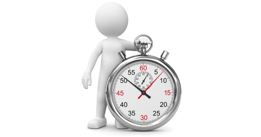 White 3D figure holds a large stopwatch in his hand - symbolizes penetration and wearing time for protective gloves.