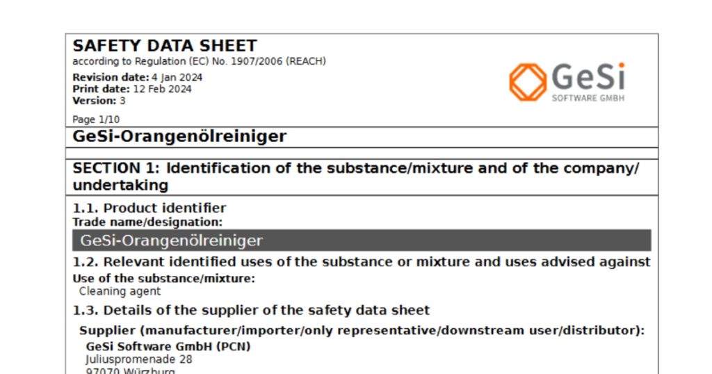 Title page of a safety data sheet for “GeSi Orange Oil Cleaner” with details of the version, printing date, revision date, intended use and the manufacturer's contact details.